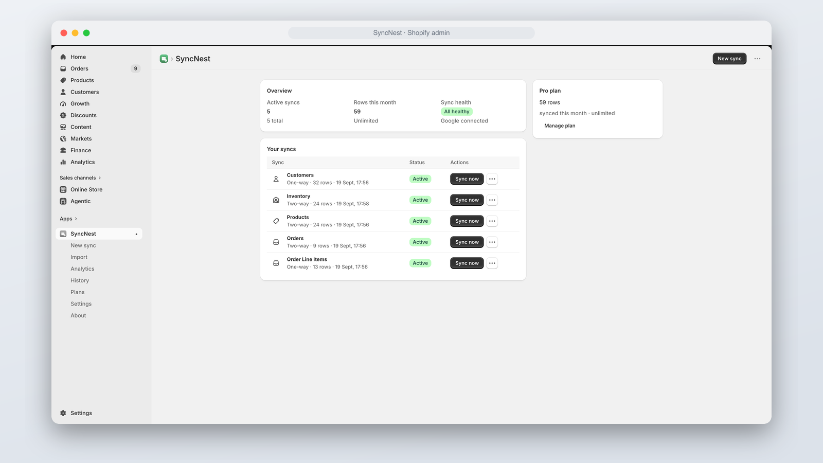 SyncNest dashboard showing live sync status
