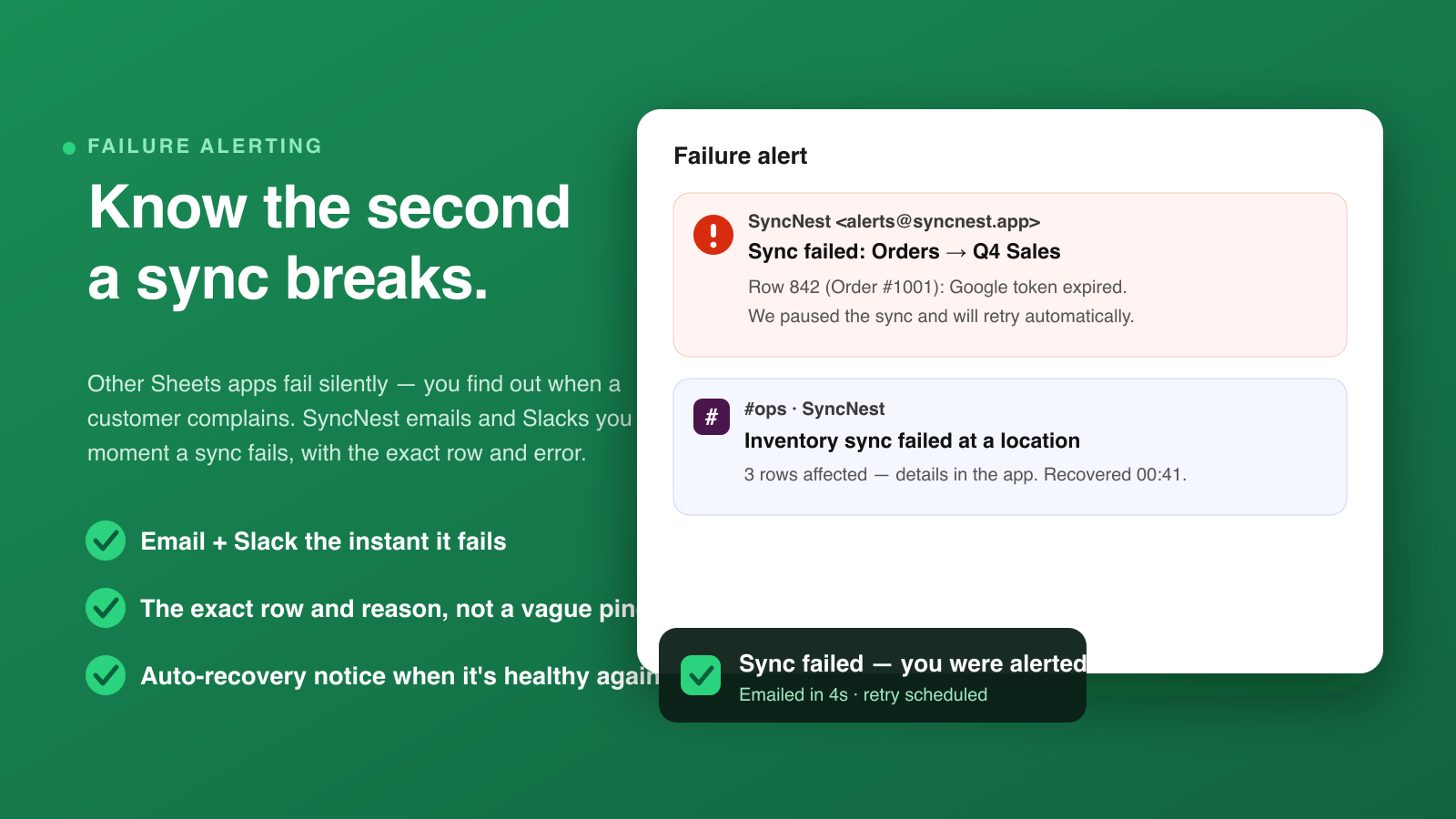 Email and Slack alert the moment a sync fails