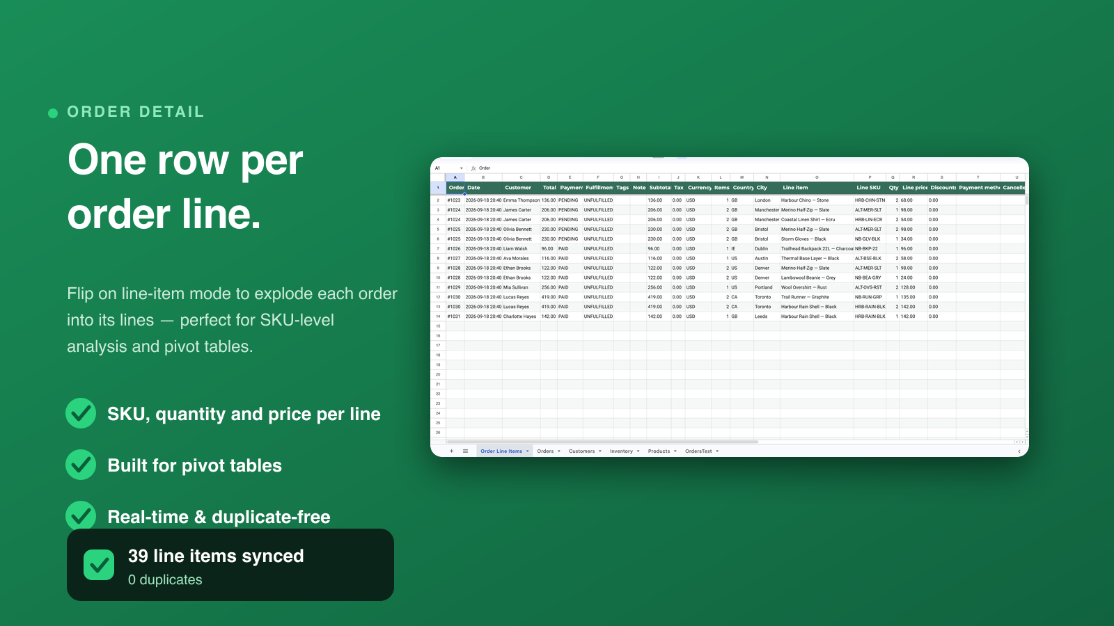 Line-item mode: one sheet row per order line